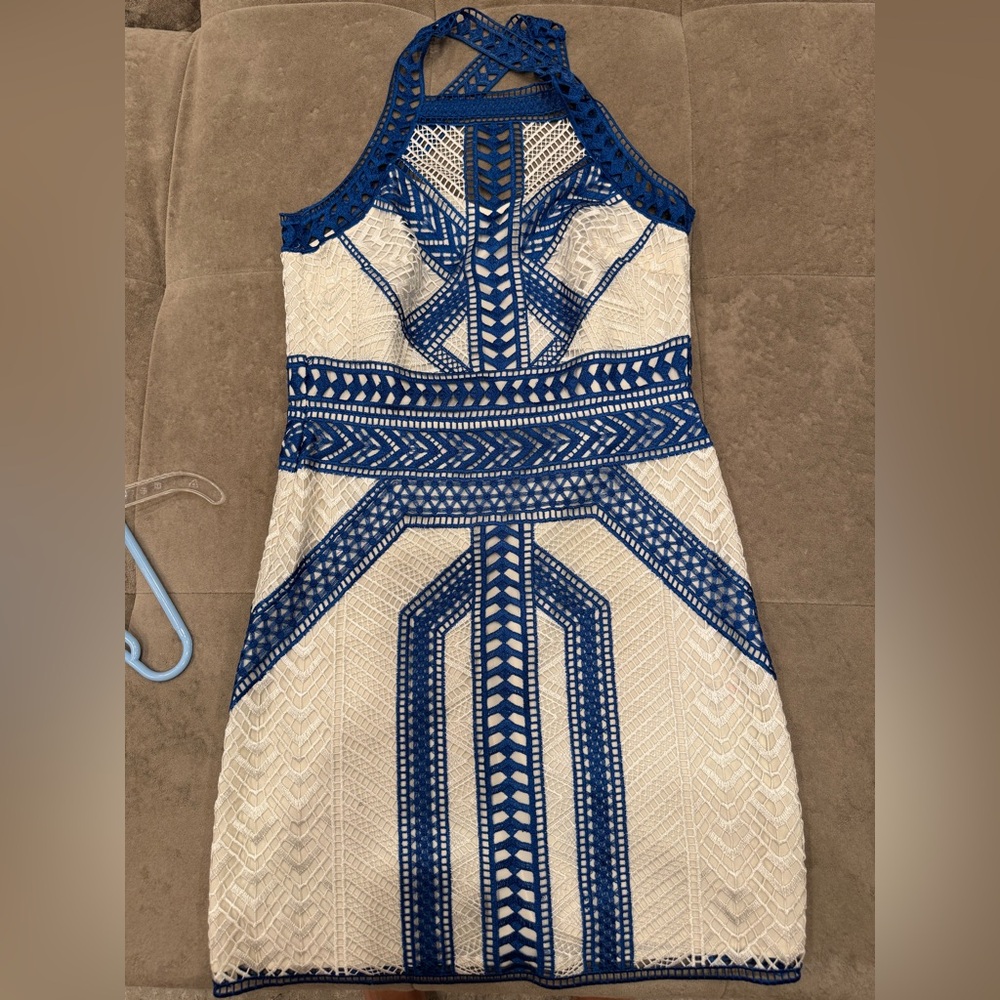 Karen Millen Blue and Cream Geometric Lace Mini Dress